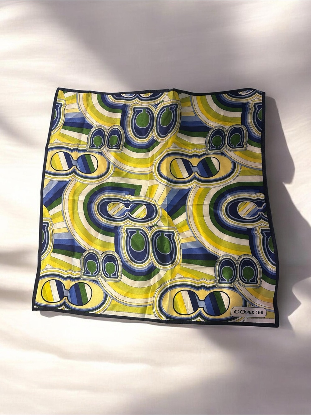 Coach Silk Scarf in Yellow, Green, Blue & Navy Graphic Print